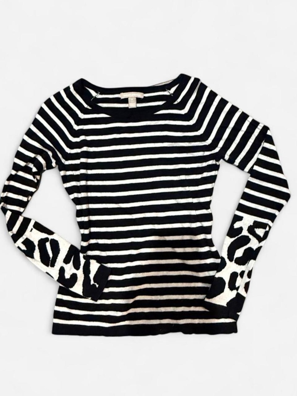 Banana Republic Black & White Striped Long Sleeve Top with Leopard Cuff